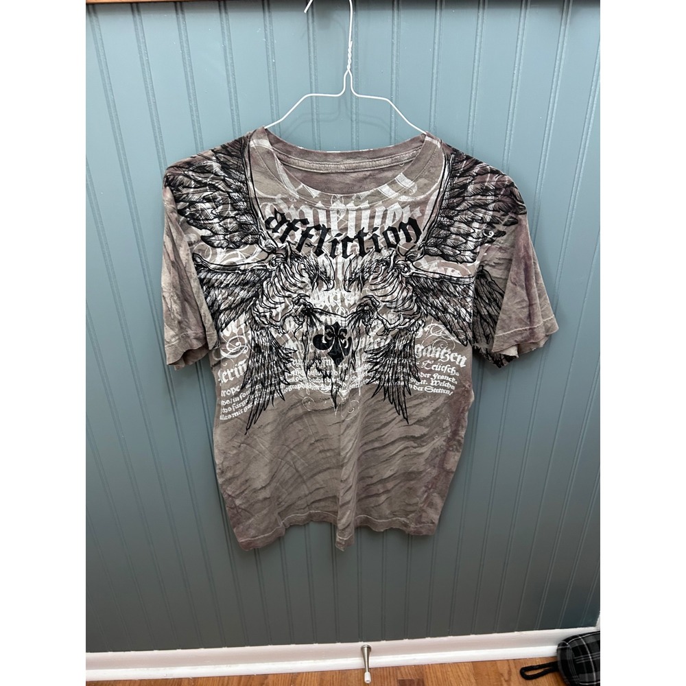Affliction Mens Graphic T-Shirt Brown Grey Eagle Wings Distressed Y2K M